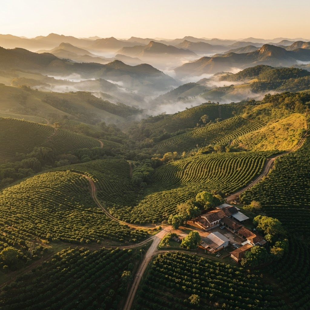 Vista aérea da lavoura de café da J.E nas montanhas da Mantiqueira de Minas