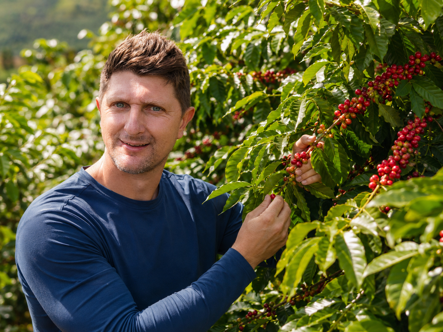 José Elizeu, fundador da J.E Cafés Especiais, selecionando cerejas de café maduras na lavoura