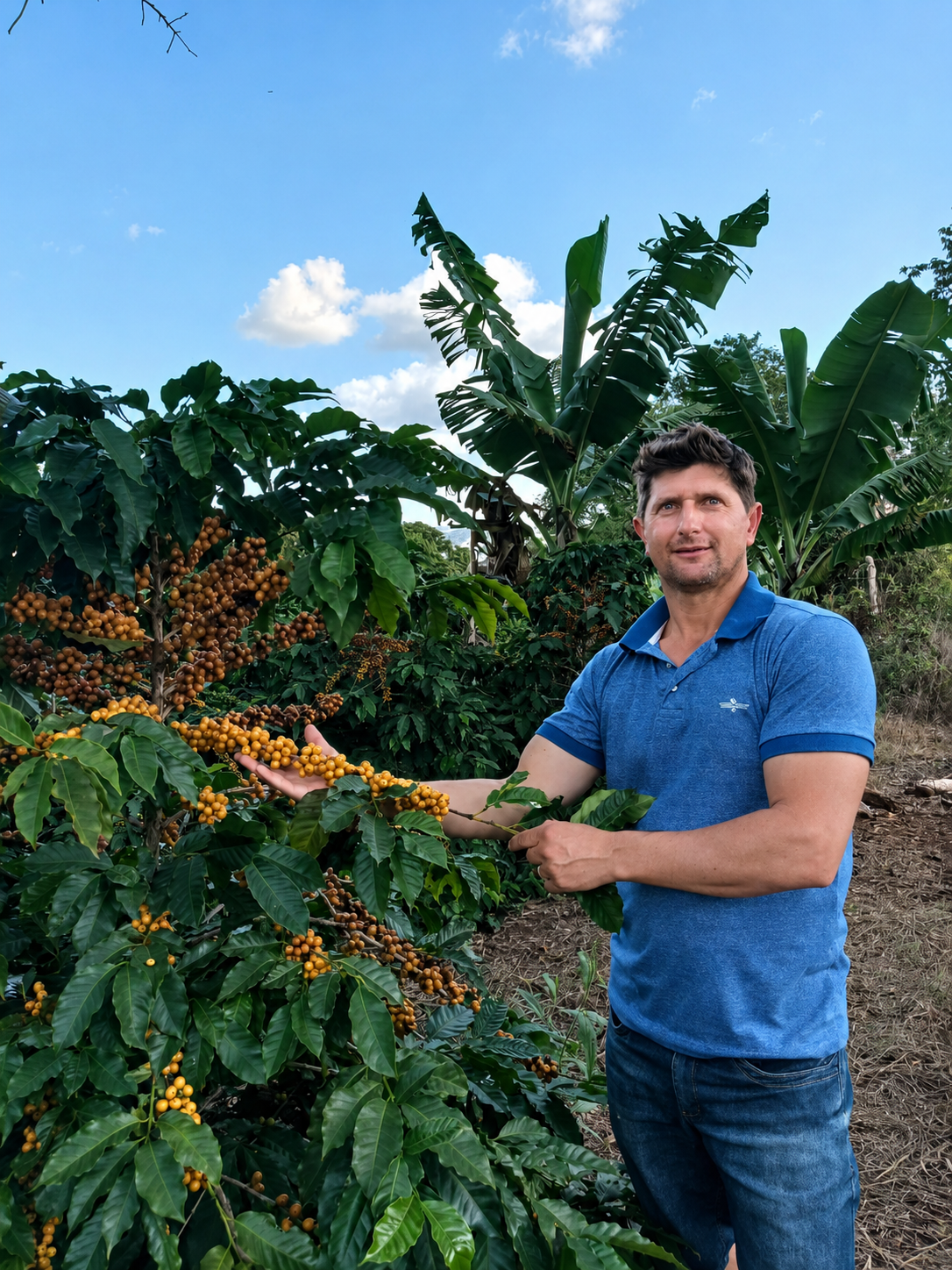 José Elizeu, fundador da J.E Cafés Especiais, segurando um ramo de café com frutos amarelos maduros na lavoura