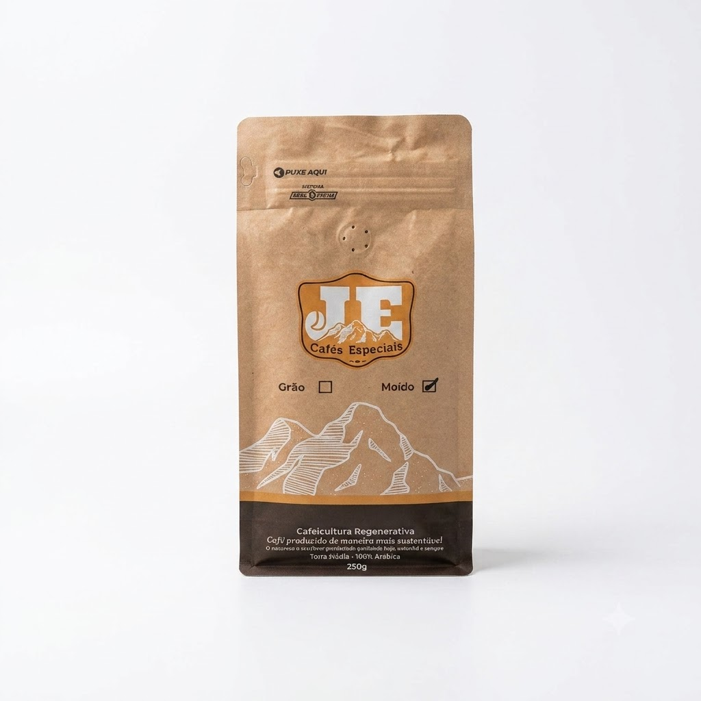 Embalagem kraft de 250g do Café Artesanal Especial J.E, com logo dourado e ilustração das montanhas da Mantiqueira